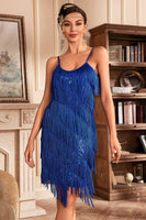 Laden Sie das Bild in den Galerie-Viewer, Goldenes Spaghettiträger Fransen Roaring 20s Great Gatsby Kleid
