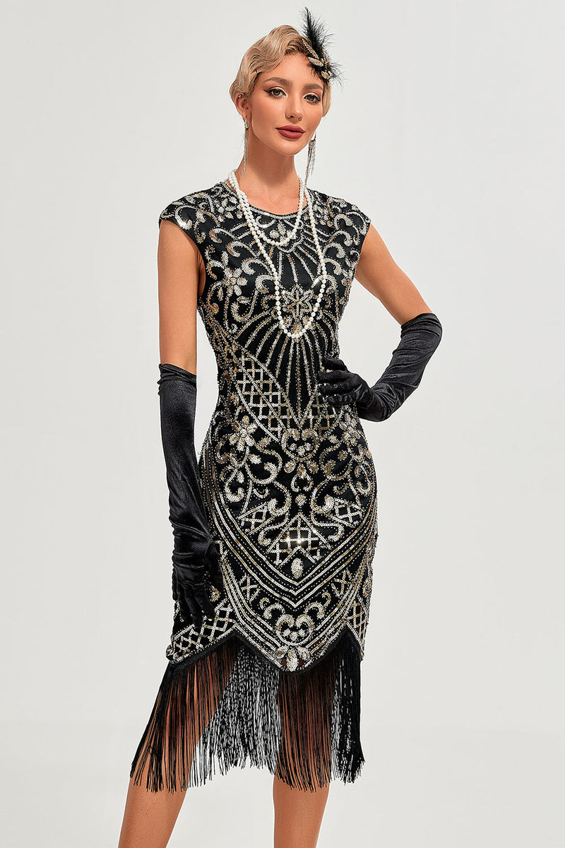 Laden Sie das Bild in den Galerie-Viewer, Glitzerndes Schwarzes Perlenbesetztes 1920er Jahre Gatsby-Kleid mit Fransen