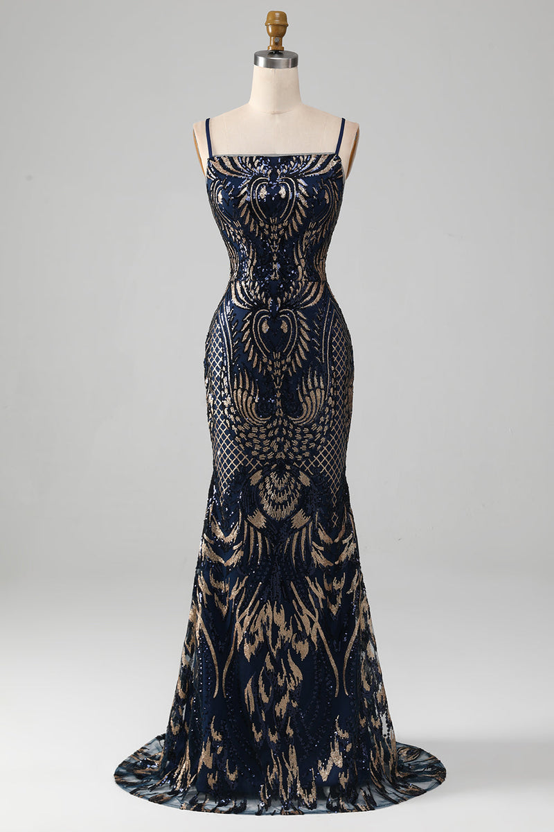 Laden Sie das Bild in den Galerie-Viewer, Glitzerndes Marineblaues Spaghettiträger Meerjungfrauen Abschlussballkleid