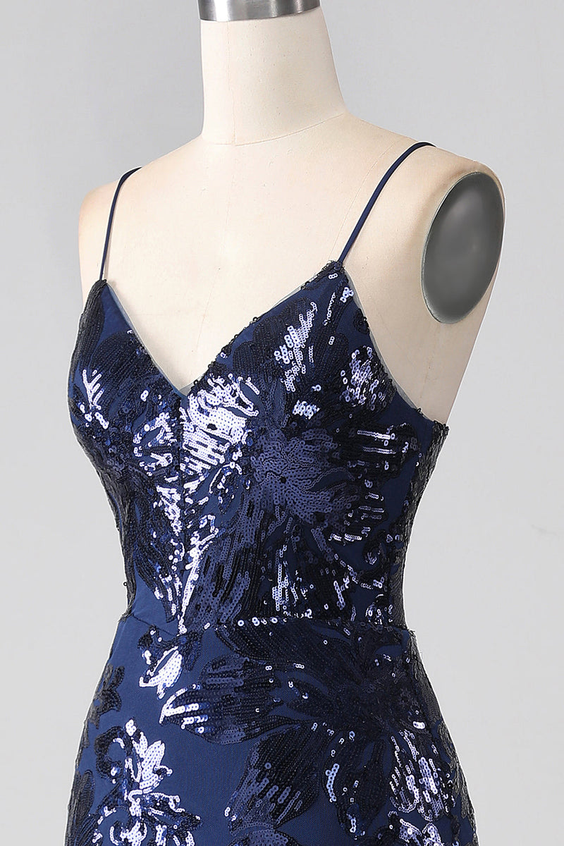 Laden Sie das Bild in den Galerie-Viewer, Schimmerndes Pailletten Meerjungfrauen Spaghettiträger Ballkleid mit Schlitz