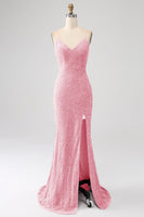 Laden Sie das Bild in den Galerie-Viewer, Schwarzes Meerjungfrauen-Spaghettiträger-Kleid mit V-Ausschnitt Pailletten und langem Ballkleid mit Schlitz