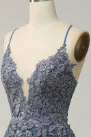 Laden Sie das Bild in den Galerie-Viewer, Spaghettiträger A Linie Graublau Langes Ballkleid mit Spitze