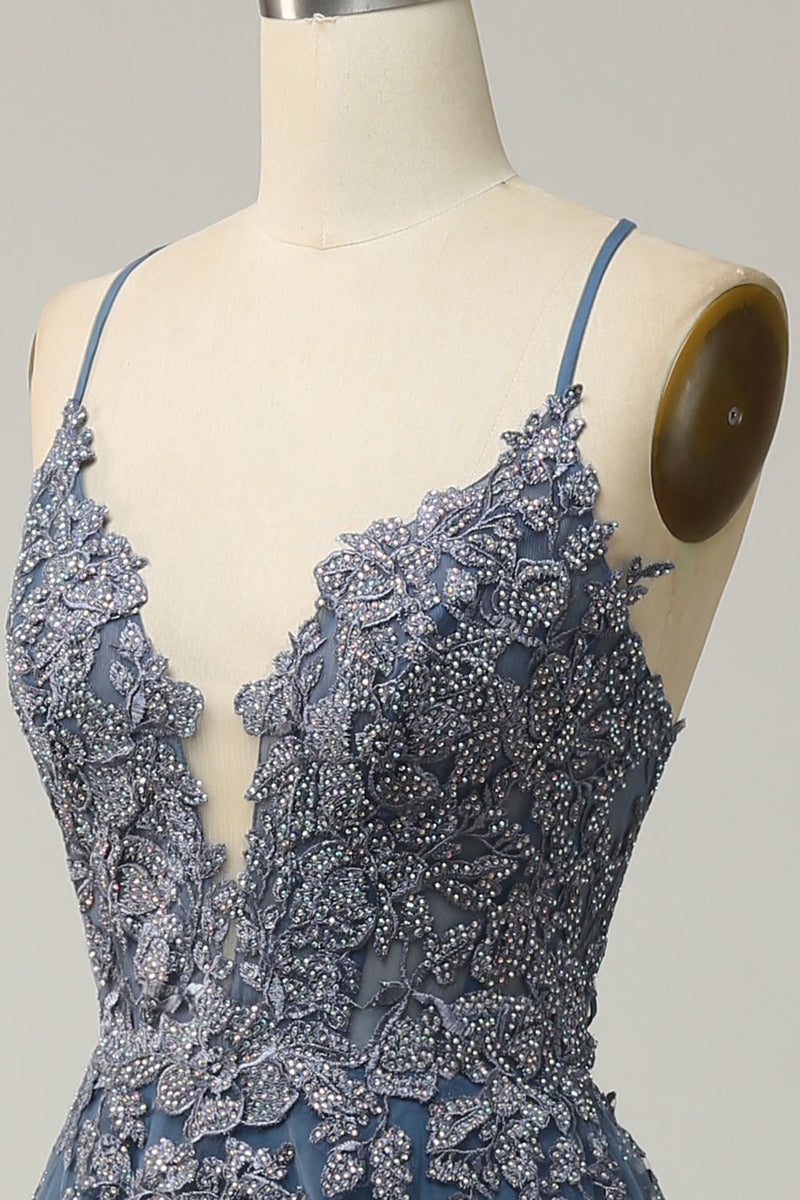 Laden Sie das Bild in den Galerie-Viewer, Spaghettiträger A Linie Graublau Langes Ballkleid mit Spitze