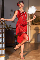 Laden Sie das Bild in den Galerie-Viewer, Rotes Fransen Roaring 20s Paillettenkleid