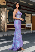 Laden Sie das Bild in den Galerie-Viewer, Lila Stilvolle Meerjungfrau Spaghettiträger Pailletten Korsett Abschlussballkleid