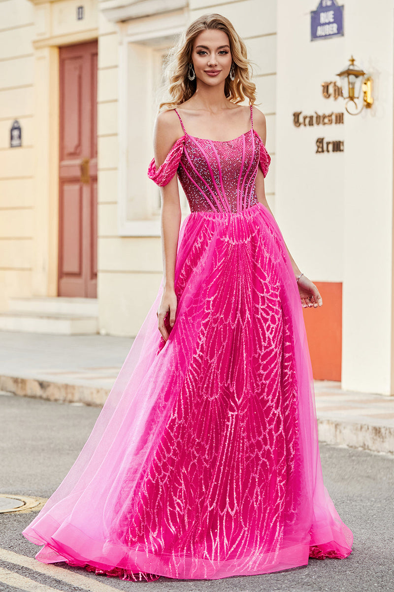 Laden Sie das Bild in den Galerie-Viewer, A-Linie Kaltschaum Glitzer Rosa Korsett Ballkleid mit Perlen
