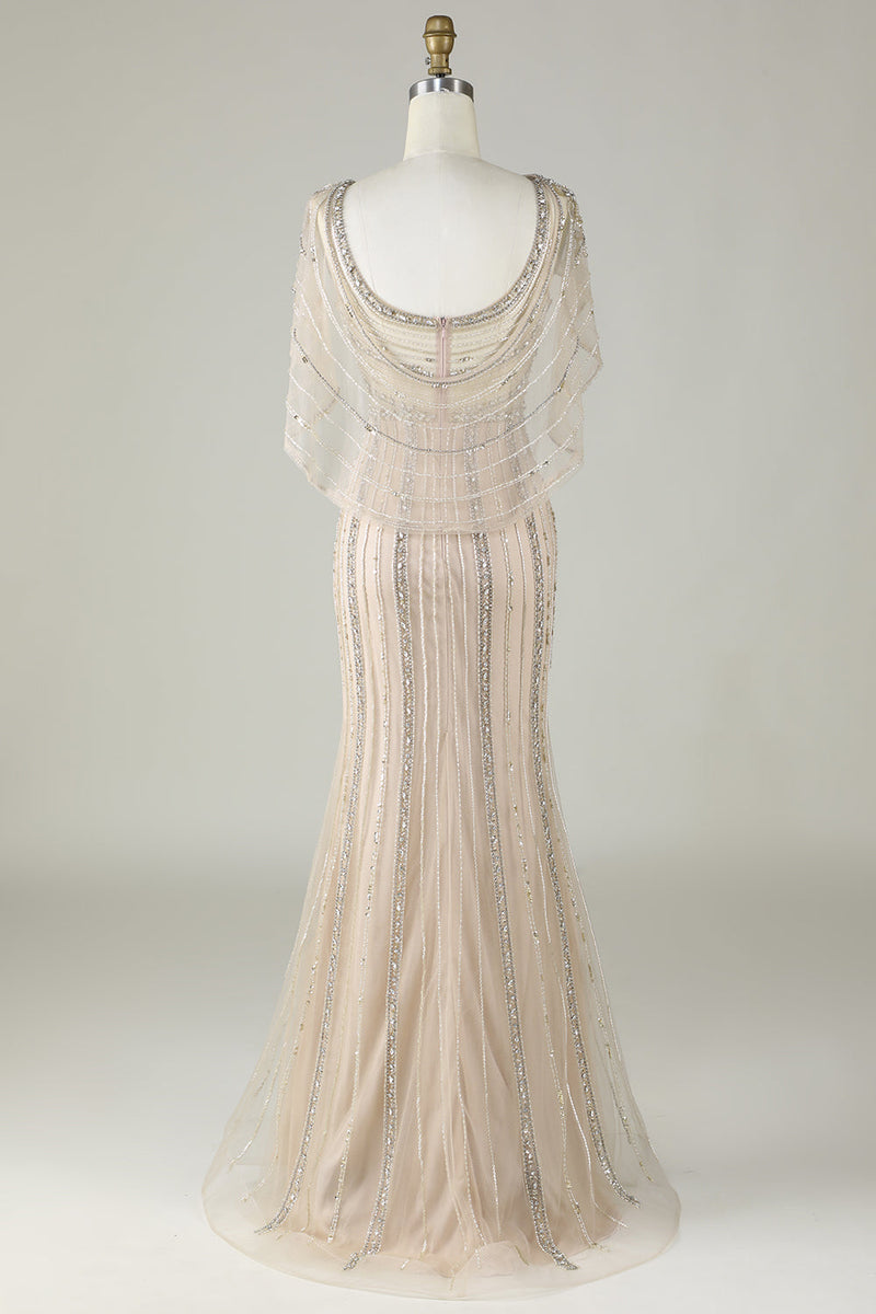 Laden Sie das Bild in den Galerie-Viewer, Glitzerndes Champagner Perlen Meerjungfrauen Lang Ballkleid mit Wickel