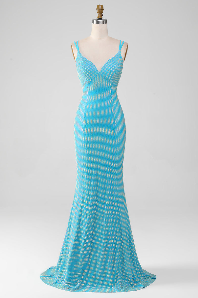 Laden Sie das Bild in den Galerie-Viewer, Glitzerndes Türkises Meerjungfrauen Spaghettiträger Langes Ballkleid mit Perlen