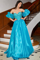 Laden Sie das Bild in den Galerie-Viewer, Blaues A-Linie Korsett-Ballkleid mit Perlen