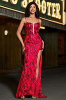 Laden Sie das Bild in den Galerie-Viewer, Stilvolles Meerjungfrauen-Spaghettiträger Dunkelrotes Korsett-Ballkleid mit Schlitz Vorne