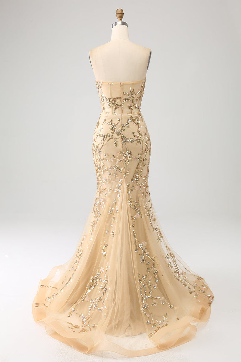 Laden Sie das Bild in den Galerie-Viewer, Meerjungfrau Champagner Glitzerndes Korsett Abschlussballkleid