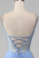 Laden Sie das Bild in den Galerie-Viewer, Hellblaues A-Linien Tüll Ballkleid mit V-Ausschnitt und Applikationen