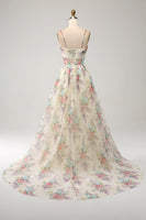 Laden Sie das Bild in den Galerie-Viewer, A-Linie Elfenbeinfarbenes Ballkleid mit Blumendruck und Schlitz