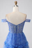 Laden Sie das Bild in den Galerie-Viewer, Blau Bedrucktes A-Linien-Tüllkorsett Ballkleid