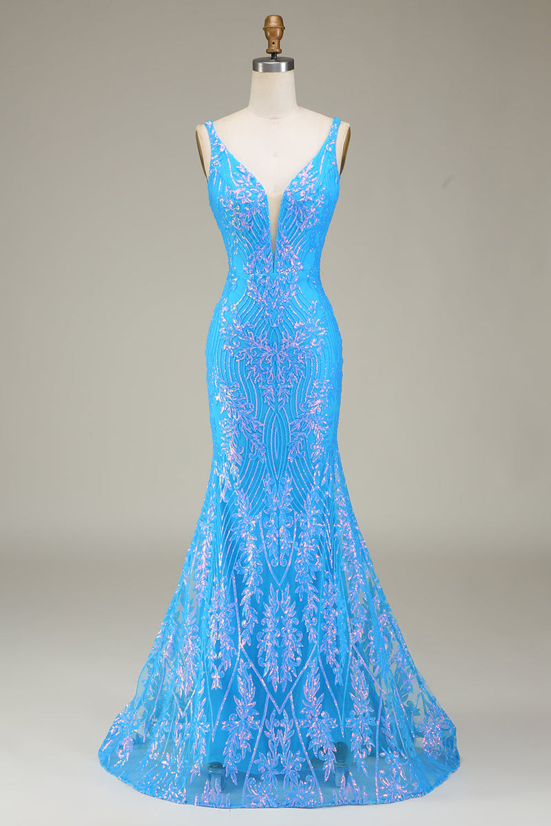 Laden Sie das Bild in den Galerie-Viewer, Glitzerndes Blaues Meerjungfrauen Ballkleid mit Tiefem V-Ausschnitt