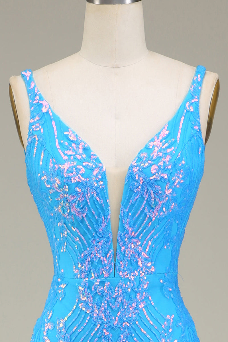 Laden Sie das Bild in den Galerie-Viewer, Glitzerndes Blaues Meerjungfrauen Ballkleid mit Tiefem V-Ausschnitt