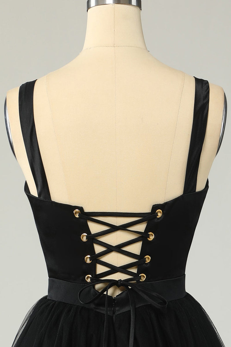 Laden Sie das Bild in den Galerie-Viewer, Hellblau A Linie Spaghettiträger Tüll Abschlusskleider