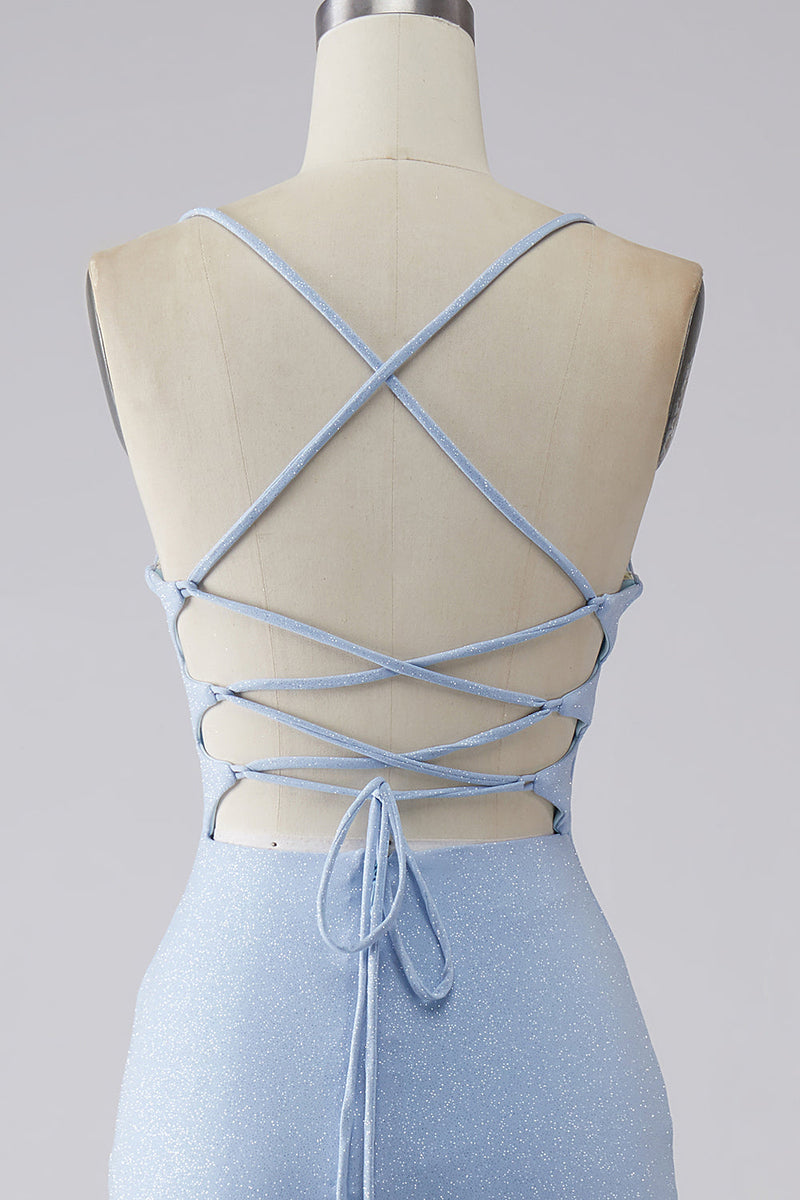 Laden Sie das Bild in den Galerie-Viewer, Hellblaues Glitzerndes Meerjungfrauen-Ballkleid mit Schlitz