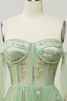 Laden Sie das Bild in den Galerie-Viewer, Grün Schulterfreies Lange Ärmel  A-Linie Ballkleid