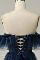 Laden Sie das Bild in den Galerie-Viewer, Marineblaues A-Linie Schulterfreies Abendkleider