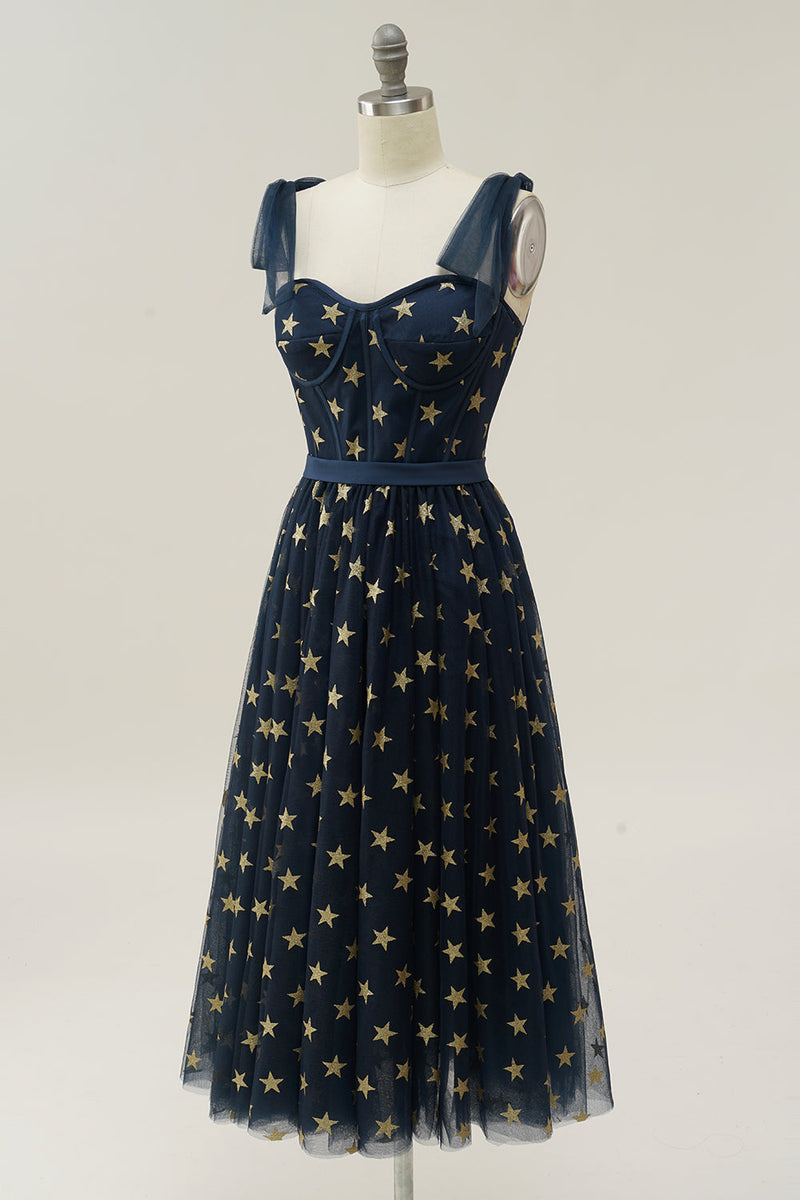 Laden Sie das Bild in den Galerie-Viewer, Marine Sterne A-Linie Teelanges Ballkleid mit Schleife