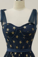 Laden Sie das Bild in den Galerie-Viewer, Marine Sterne A-Linie Teelanges Ballkleid mit Schleife