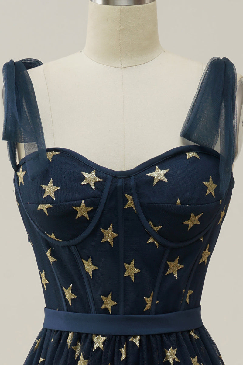 Laden Sie das Bild in den Galerie-Viewer, Marine Sterne A-Linie Teelanges Ballkleid mit Schleife