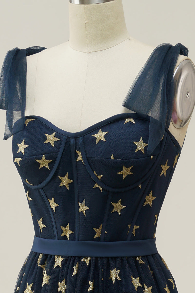 Laden Sie das Bild in den Galerie-Viewer, Marine Sterne A-Linie Teelanges Ballkleid mit Schleife