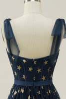 Laden Sie das Bild in den Galerie-Viewer, Marine Sterne A-Linie Teelanges Ballkleid mit Schleife