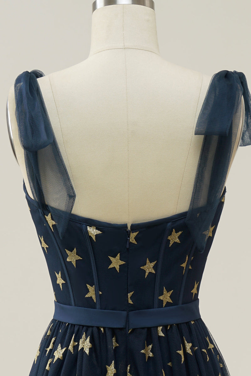 Laden Sie das Bild in den Galerie-Viewer, Marine Sterne A-Linie Teelanges Ballkleid mit Schleife