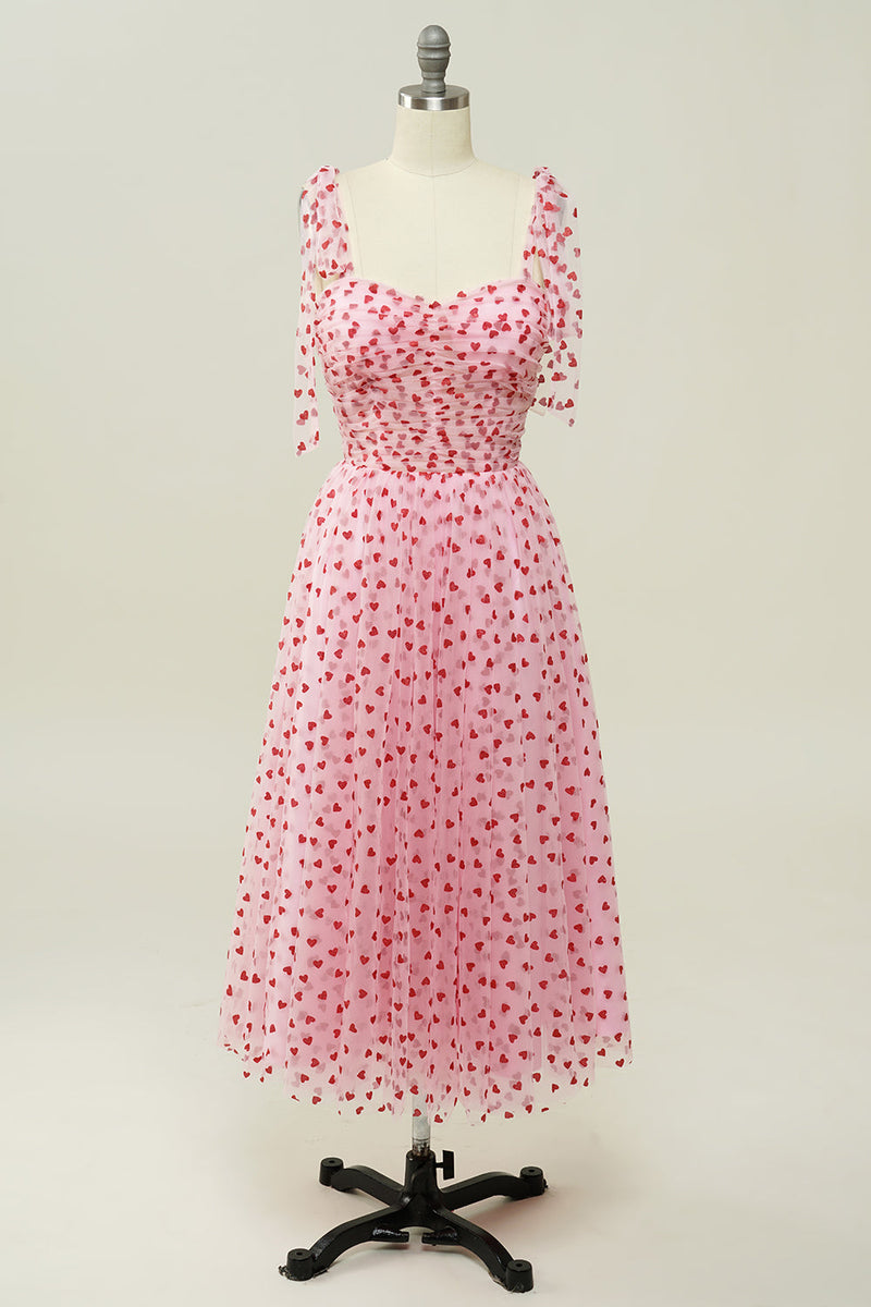 Laden Sie das Bild in den Galerie-Viewer, Rosa Tüll A-Linie Midi Ballkleid mit Herzen