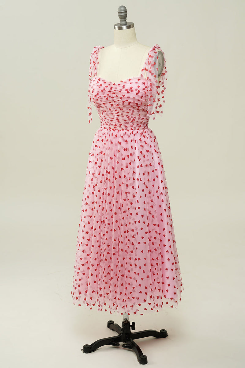 Laden Sie das Bild in den Galerie-Viewer, Rosa Tüll A-Linie Midi Ballkleid mit Herzen