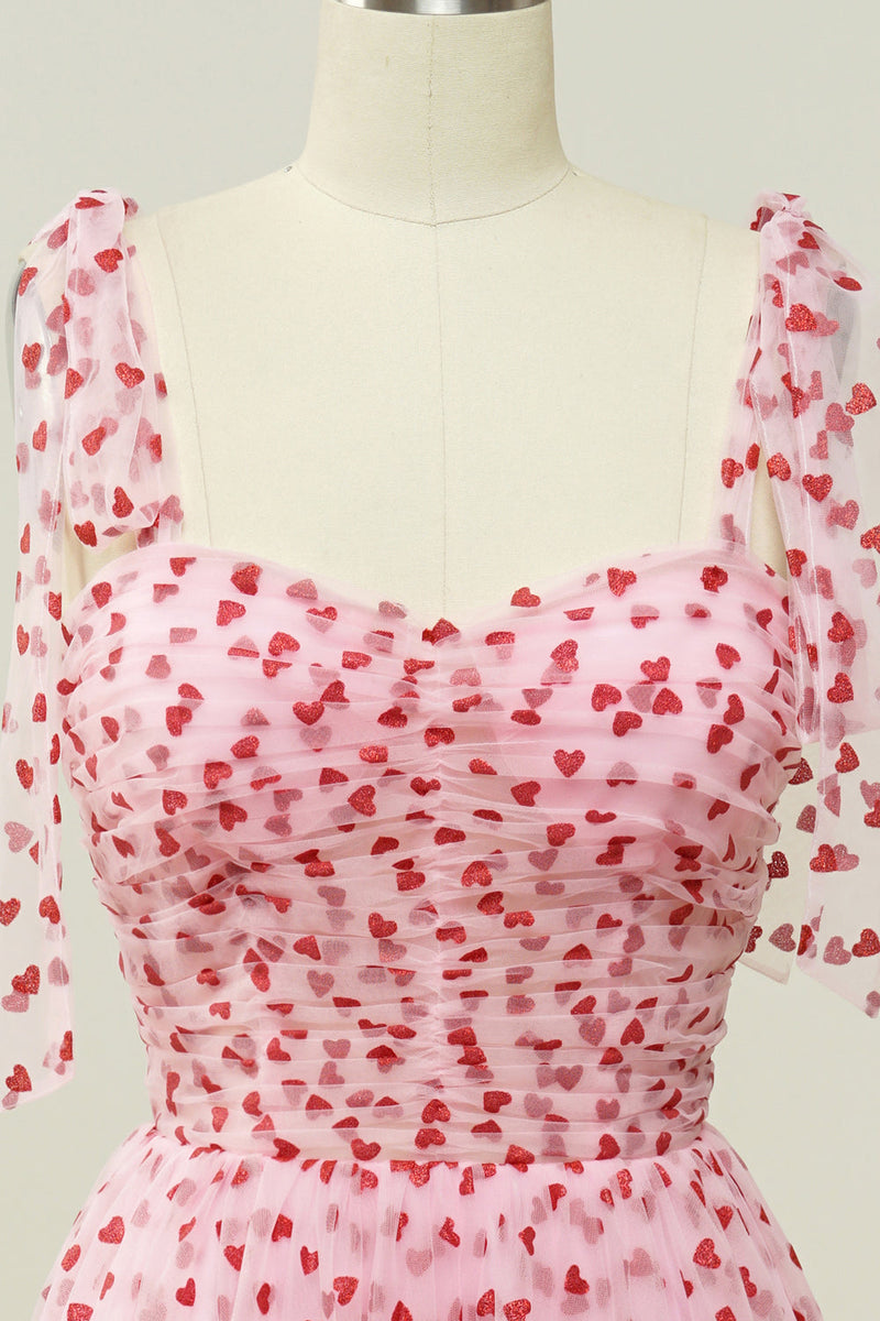 Laden Sie das Bild in den Galerie-Viewer, Rosa Tüll A-Linie Midi Ballkleid mit Herzen