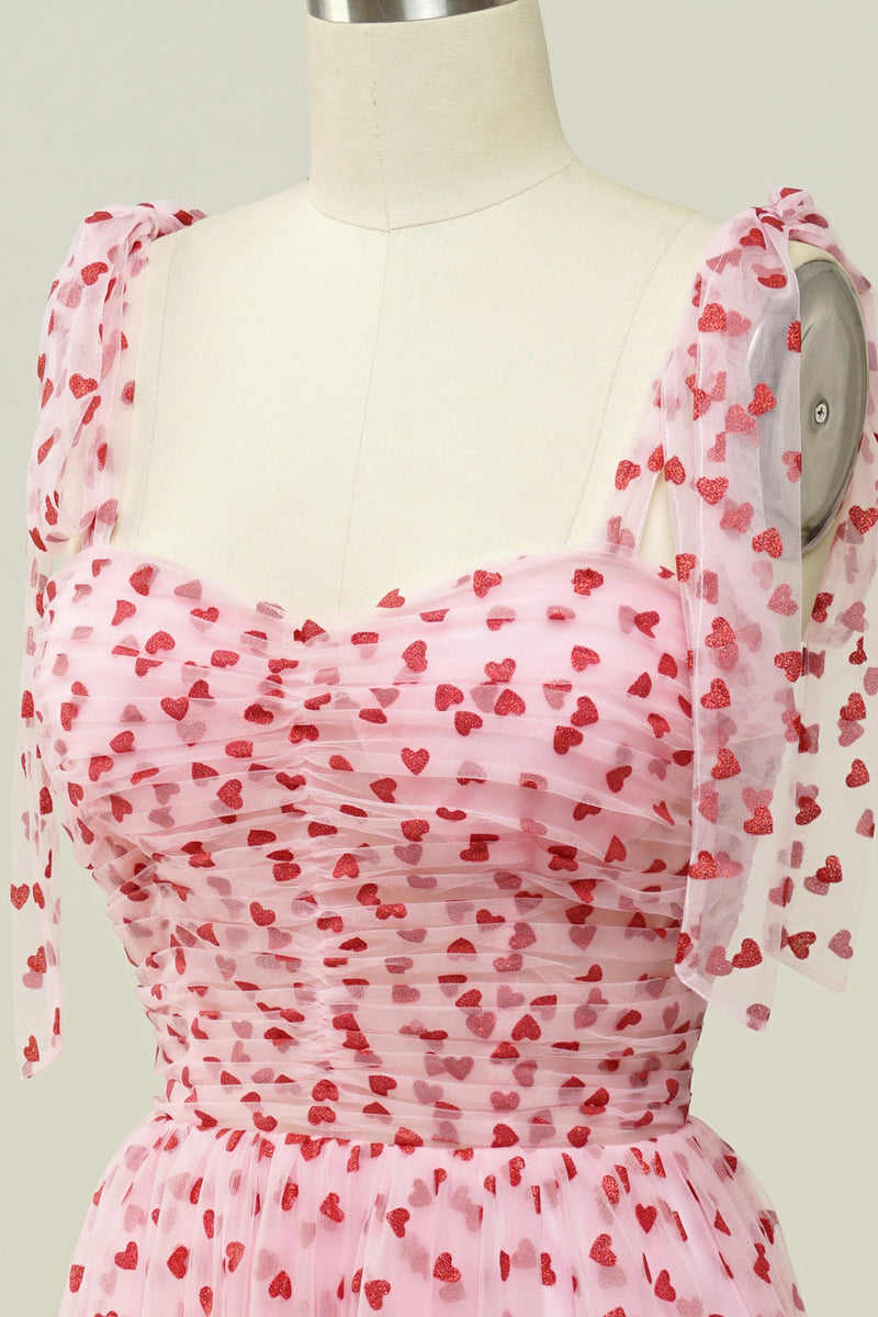 Laden Sie das Bild in den Galerie-Viewer, Rosa Tüll A-Linie Midi Ballkleid mit Herzen