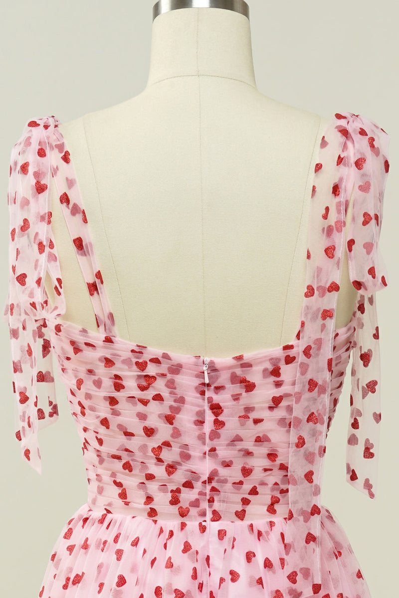 Laden Sie das Bild in den Galerie-Viewer, Rosa Tüll A-Linie Midi Ballkleid mit Herzen