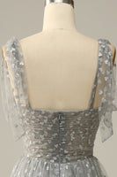 Laden Sie das Bild in den Galerie-Viewer, Graues Spaghettiträger Teelanges Ballkleid mit Fliegenknoten