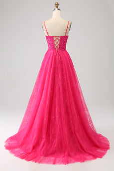 Fuchsia A-Linie Korsett Spitze Langes Ballkleid mit Schlitz