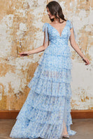 Laden Sie das Bild in den Galerie-Viewer, Prinzessin A Linie V-Ausschnitt Blaues Langes Ballkleid mit Rüschenschlitz