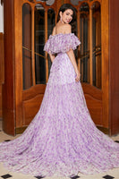 Laden Sie das Bild in den Galerie-Viewer, Wunderschönes Schulterfreies Fliederfarbenes Geblümtes Langes Ballkleid mit Rüschen