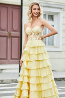 Laden Sie das Bild in den Galerie-Viewer, Wunderschönes A-Linien-Sweetheart-Gelbes Korsett-Ballkleid mit Applikationen und Rüschen