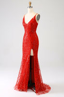 Laden Sie das Bild in den Galerie-Viewer, Glitzerrotes Meerjungfrauen Langes Pailletten Ballkleid mit Schlitz