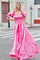 Laden Sie das Bild in den Galerie-Viewer, Prinzessin A Line Rosa Langes Ballkleid mit Quadratischem Ausschnitt und Puffärmeln