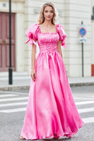 Laden Sie das Bild in den Galerie-Viewer, Prinzessin A Line Rosa Langes Ballkleid mit Quadratischem Ausschnitt und Puffärmeln