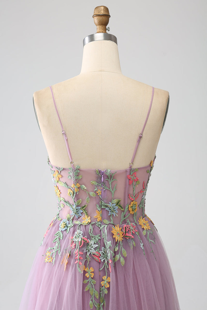 Laden Sie das Bild in den Galerie-Viewer, Mauve A-Linie Spaghettiträger Langes Ballkleid aus Tüll mit Stickerei