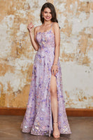 Laden Sie das Bild in den Galerie-Viewer, Wunderschönes A-Linie Spaghettiträgerkleid Helllila Langes Ballkleid mit Applikationen