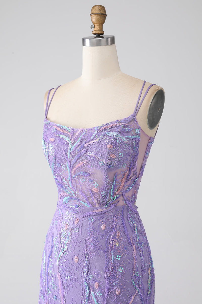 Laden Sie das Bild in den Galerie-Viewer, Meerjungfrau Schnürrücken Fliederfarbene Pailletten Ballkleid mit Schlitz