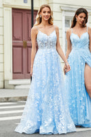 Laden Sie das Bild in den Galerie-Viewer, Wunderschönes Himmelblaues A-Linie Spaghettiträgern Korsett Ballkleid mit Applikationen