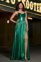 Laden Sie das Bild in den Galerie-Viewer, Dunkelgrünes A-Linie Glitzerndes Korsett Ballkleid mit Schlitz