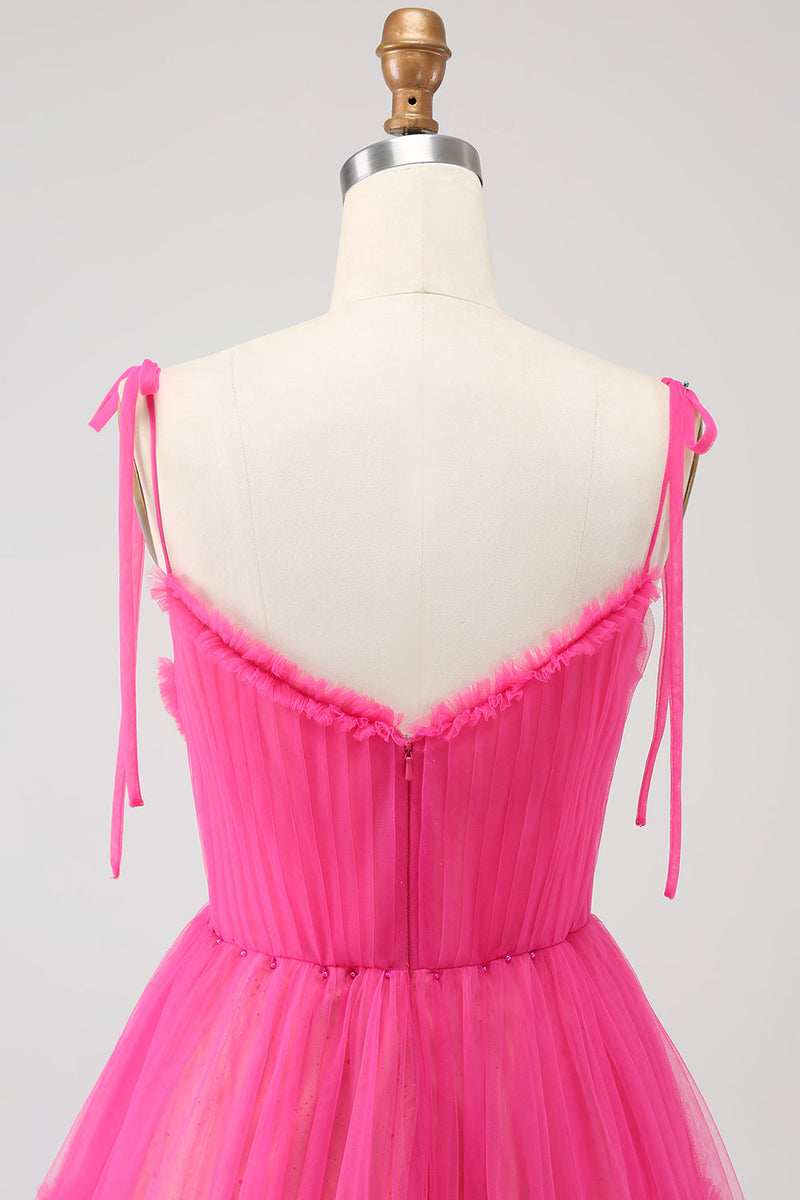 Laden Sie das Bild in den Galerie-Viewer, Fuchsia A-Linie Tüll Langes Ballkleid mit Rüschen