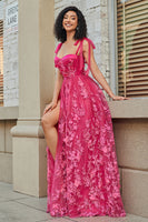 Laden Sie das Bild in den Galerie-Viewer, Spaghettiträger Heißes Rosa A-Linie Langes Ballkleid mit Schlitz